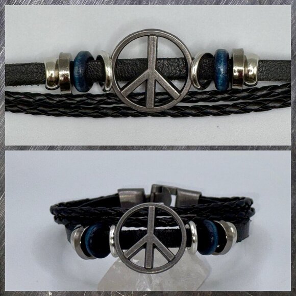 Boho Peace Sign Faux Leather Bracelet – 8” Blue and Black #1482 - Picture 1 of 10
